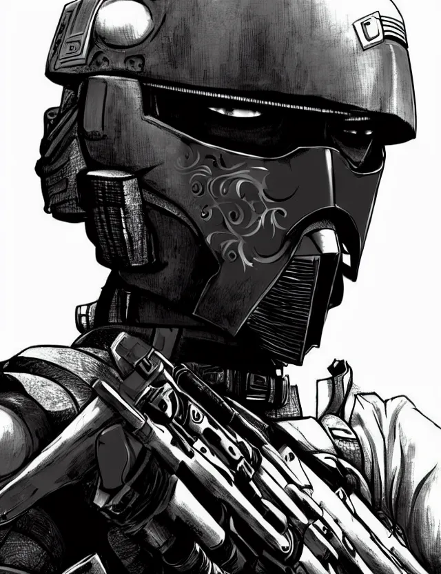 Image similar to a detailed manga portrait of a masked special forces soldier wearing dark advanced cyborg tactical gear, trending on artstation, digital art, 4 k resolution, detailed, high quality, sharp focus, hq artwork, coherent, insane detail, character portrait