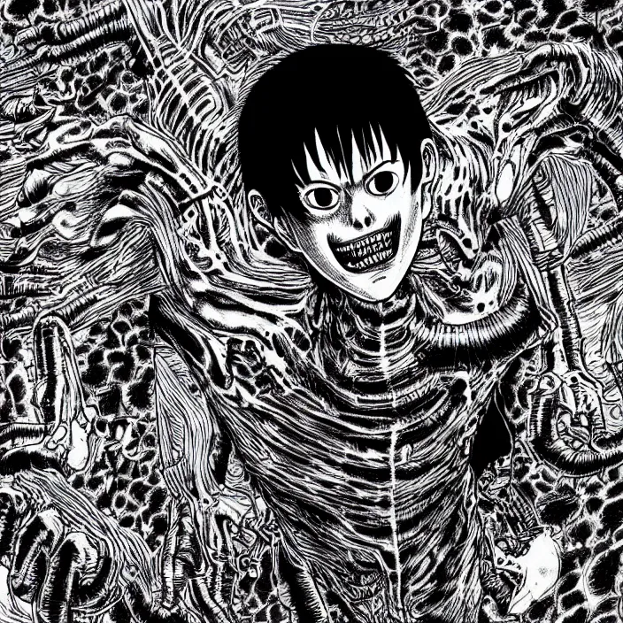 Prompt: Junji Ito manga artwork of a monstrous cyborg abomination