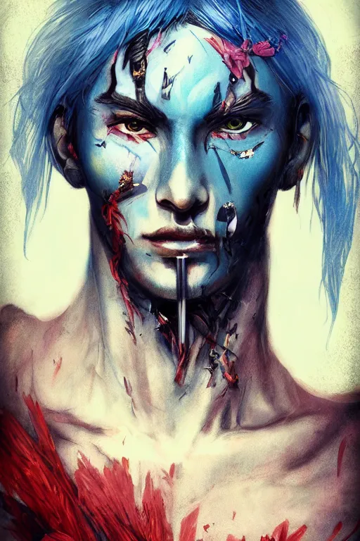 Image similar to portrait of beautiful young man, warhammer, japanic style, more and more cyberpunk, a lot of more scars, more and more flowers, blue head, some red water, the middle ages, highly detailed, artstation, illustration, artgerm sylvari portrait, 8 k quality, art by max ernst