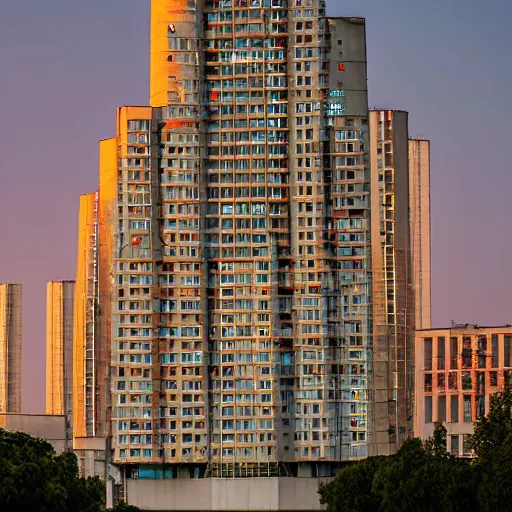 Prompt: a wide shot of a soviet beautiful brutalist monumental multi - building structure, tall buildings with spaceship parking lots on top, with many rounded elements sprouting from the base tower creating a feel of an organic structure, photography shot at blue hour