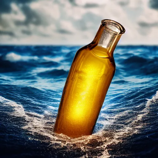 Image similar to surreal 3 d art of a human head stuffed in a bottle, on the ocean water, futuristic, glowing, hyper realistic, ray tracing, realistic water splashes, sharp focus, long shot, 8 k resolution, cinematic, photoshop art