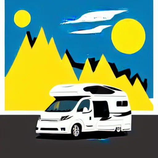 Image similar to vector art of a white and black cute thor chateau! motorhome camper!!, highway, mountains and colorful sunset!!, very happy, minimal vector art sticker!! by tom whalen, sanja stikovic