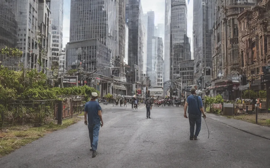 Prompt: a giant farmer walking in the big city. beautiful, realistic, 4K