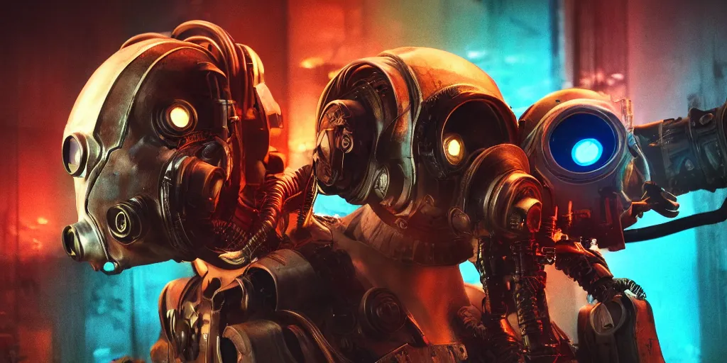 Image similar to cyberpunk cat wearing robotic mask, fallout 5, studio lighting, deep colors, apocalyptic setting