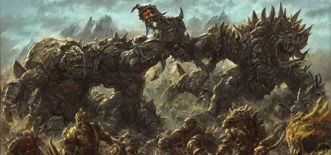 Image similar to oil painting of giant conquering orc beast in full tactical armor roars as it steps over it's fallen enemy's bodies