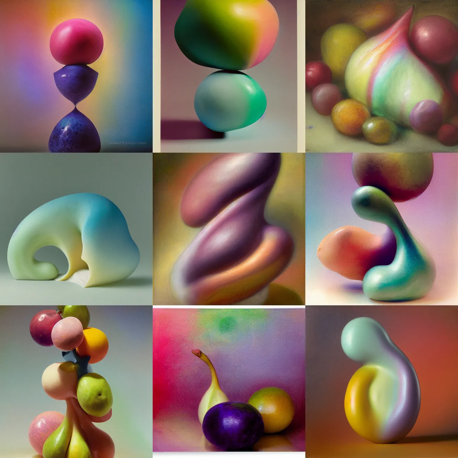 Prompt: one balanced asymmetrical biomorphic form with ombre pastel colors, by thomas moran, professional fruit photography