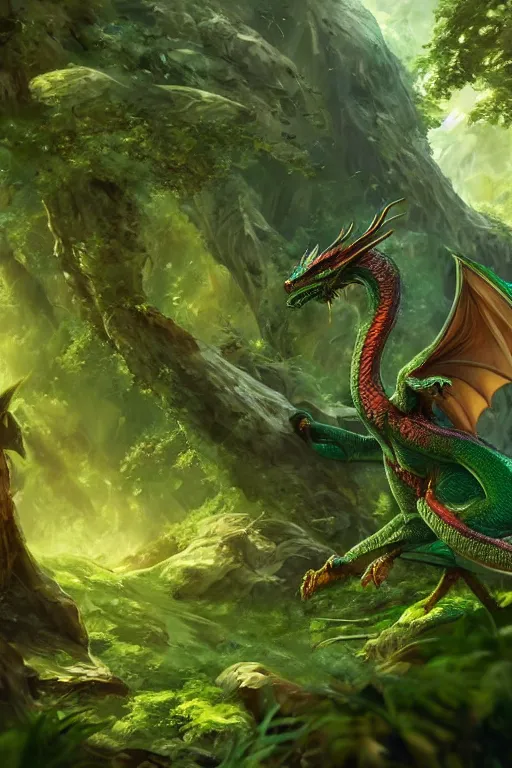 Prompt: handsome and domineering emerald dragon in verdant forest, spread wings, dnd character, background focus, realistic dragon scale texture, detail, by lya kushinov, avetetsuya studios, alexandra fomina artstation, by makoto shinkai, shinerai, digital 2 d, matte painting