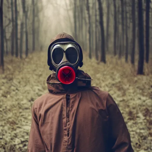 Prompt: stalker wearing a gas mask, red forest, dslr photo, film grain