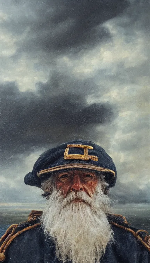 Prompt: Striking portrait of an old weathered sea captain during a storm, oil on canvas, by Richard Foster, by David Cobley, by Anastasia Pollard, highly detailed, dramatic lighting
