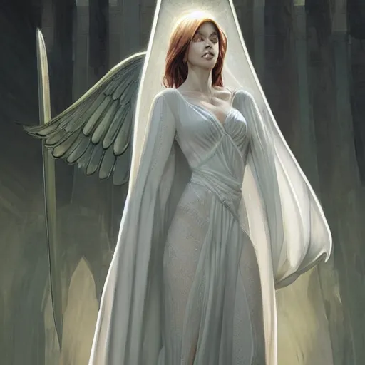 Prompt: a female angel of mercy wearing see through white long dress, olive skinned, sumerian, d & d, highly detailed, digital painting, artstation, concept art, sharp focus, illustration, cinematic lighting, art by artgerm and greg rutkowski and alphonse mucha