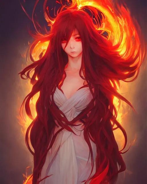 Image similar to red eyed beautiful long haired anime girl, full body photo, flames everywhere, highly detailed, digital painting, artstation, concept art, smooth, sharp focus, illustration, art by artgerm and greg rutkowski and alphonse mucha