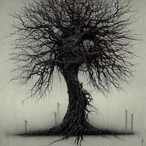 Image similar to grunge drawing of a tree by - Zdzisław Beksiński , corpse bride style, horror themed, detailed, elegant, intricate