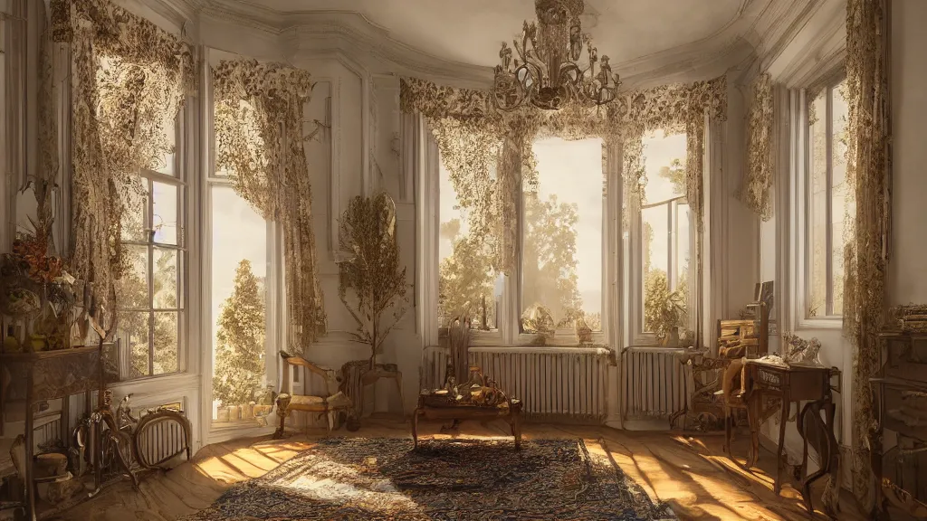 Prompt: richly decorated Victorian house, beautiful, detailed wood, photorealistic, photorealism, the autumn light comes in through a window, diffuse light, octane render