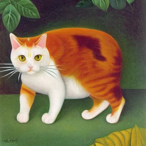 Image similar to calico cat in the style of henri rousseau