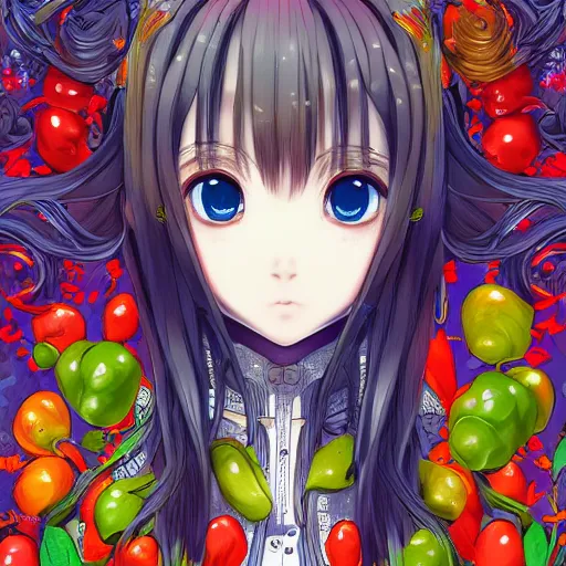 Prompt: the portrait of a beautiful and cute anime girl made up of peppers, an ultrafine detailed illustration by james jean, intricate linework, bright colors, final fantasy, behance contest winner, vanitas, angular, altermodern, unreal engine 5 highly rendered, global illumination, radiant light, detailed and intricate environment