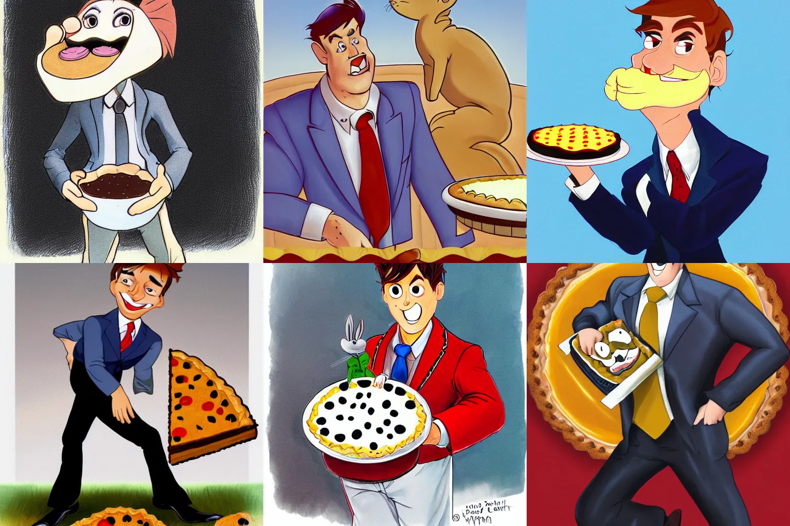 Prompt: portrait of a boy with big bunny teeth wearing an ill fitting business suit. He has a black dot on his lip. Both his hands are cupped and he is holding a giant baked pie, concept art, smooth, sharp focus, illustration by Don Bluth