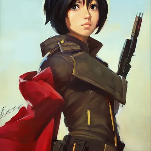 Prompt: greg manchess portrait painting of mikasa ackerman with red scarf in military uniform as overwatch character, design in overwatch style, medium shot, asymmetrical, profile picture, organic painting, sunny day, matte painting, bold shapes, hard edges, street art, trending on artstation, by huang guangjian and gil elvgren and sachin teng