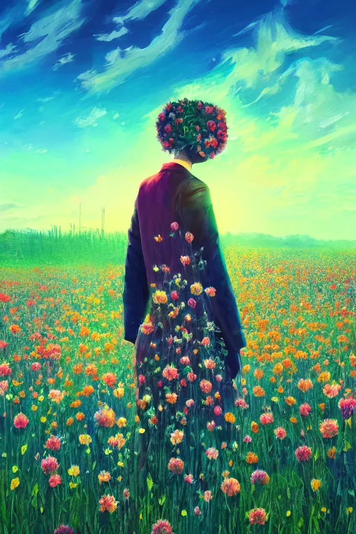 Image similar to closeup, giant flower head, girl in suit standing in a field of flowers, surreal photography, sunrise, blue sky, dramatic light, impressionist painting, digital painting, artstation, simon stalenhag