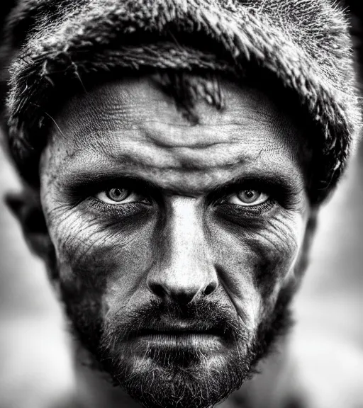 Prompt: Award winning Editorial photograph of an Early-medieval man incredible hair and fierce hyper-detailed eyes by Lee Jeffries and David Bailey, 85mm ND 4, perfect lighting, dramatic highlights, wearing traditional garb, gelatin silver process