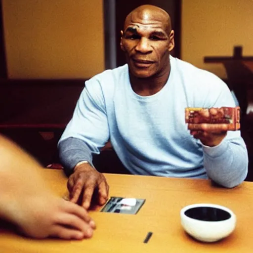 Prompt: Mike tyson sitting at a table in McDonald’s using an abacus to count