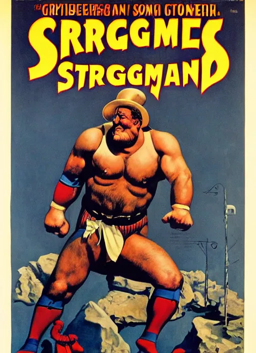 Image similar to poster for circus strongman. portrait by clyde caldwell and jean giraud and anton otto fischer and john philip falter and will eisner and gil elvgren