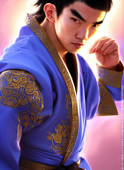 Prompt: male martial artist with a mongolian pigtail hairstyle!!!! asian facial features and blue eyes!! intricate ornate blue robes!! character concept art, sharp focus, octane render! unreal engine 5! highly rendered!! trending on artstation!! detailed linework!! illustration by artgerm, wlop, and chie yoshii