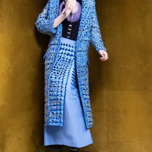 Image similar to fashion 2 0 5 0 fantastic openwork long coat with intricate pattern on a beautiful symmetrical girl with blue hair, hyper realistic photos