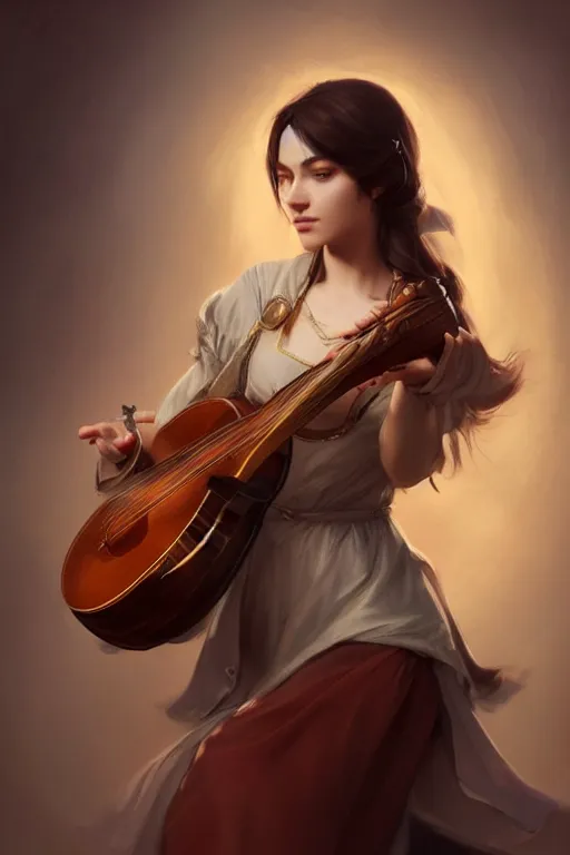 Prompt: beautiful bard holding a lute, accurate anatomy, only two hands, highly detailed, digital painting, artstation, concept art, smooth, sharp focus, illustration, Unreal Engine 5, 8K, art by Artgerm and greg rutkowski