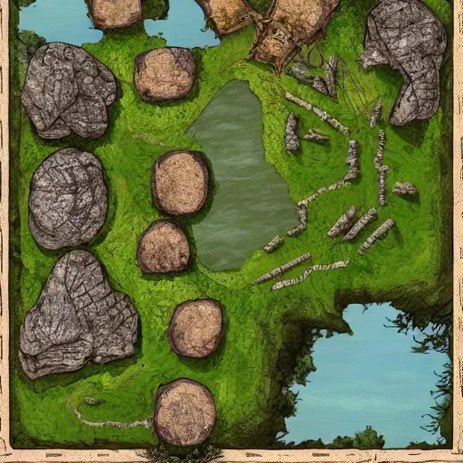 Image similar to overhead RPG battlemap of a stone fort sitting above a swamp, drivethruRPG top seller popular