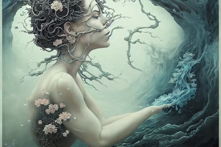 Prompt: fantasy portrait of a woman made of water and smoke, carved Japanese Sakura wood organic overgrowth, peter mohrbacher, artgerm, James Jean