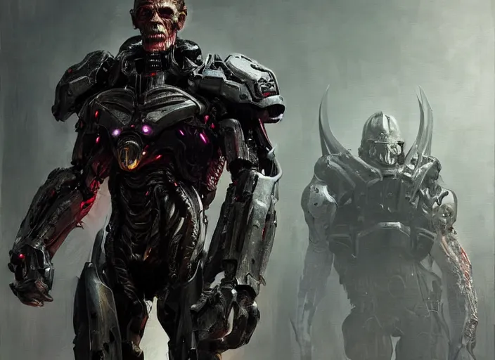 Image similar to willem dafoe as victor stone, full body concept, cyborg, borg, strogg, face of a man, terminator, flesh, quake strogg, doom demon, wolfenstein, monstrous, symmetry, symmetrical, concept art by ruan jia and greg rutkowski