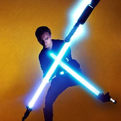 Image similar to A christian Jedi, lightsaber in the shape of a cross, godly aura, detailed cinematic photography, rim light, sharp, the lightsaber has the shape of a cross, Star Wars, Christianity