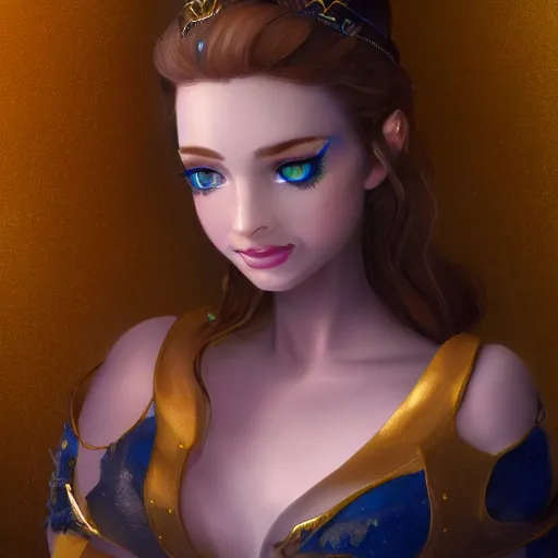 Prompt: a photographic portrait of an fantasy 30 years old princess with a deep blue sapphire and gold small diadem, seductive look, warm and soft colours, light brown hair, cinematic light, bokeh, by Danny Battista canon 50mm, artstation