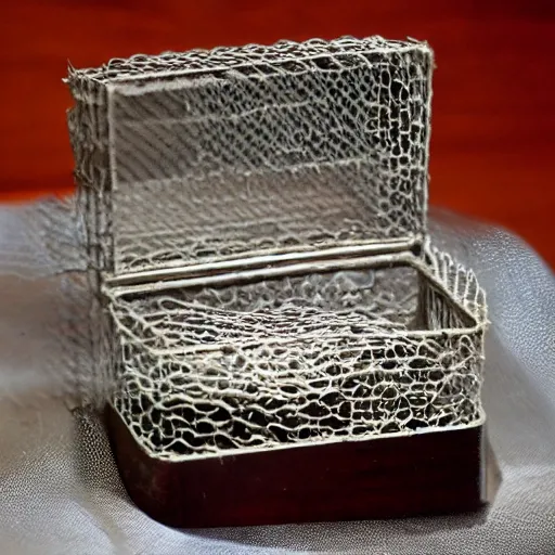 Prompt: a photo of a music box made out of chicken wire