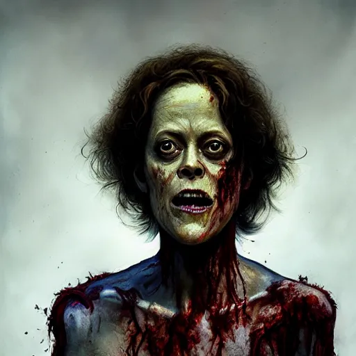 Image similar to color head portrait of sigourney weaver as a zombie, 7 days to die zombie, gritty background, fine art, award winning, intricate, elegant, sharp focus, cinematic lighting, digital painting, 8 k concept art, art by michael hussar, art by brom, art by guweiz and z. w. gu, 8 k