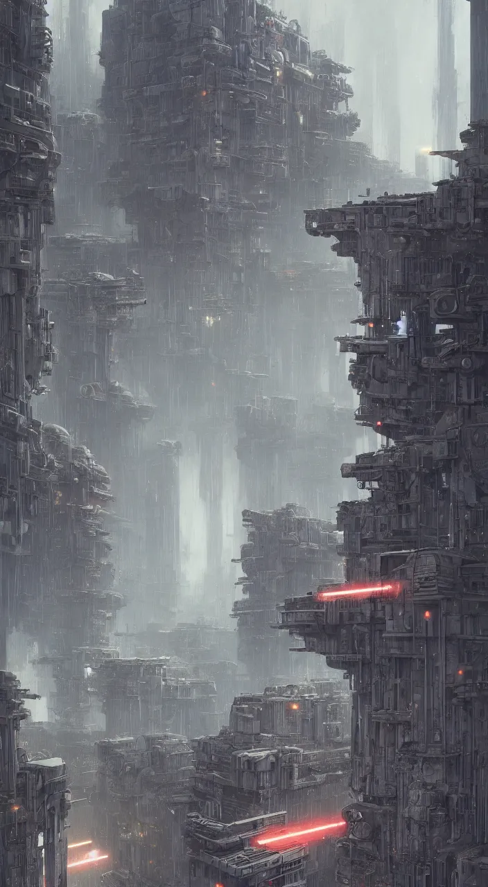 Image similar to highly detailed brutalist architecture city, star wars imperial style, while it's raining, stephen bliss, unreal engine, fantasy art by greg rutkowski, loish, rhads, ferdinand knab, makoto shinkai, ilya kuvshinov, rossdraws, global illumination, radiant light, detailed and intricate environment