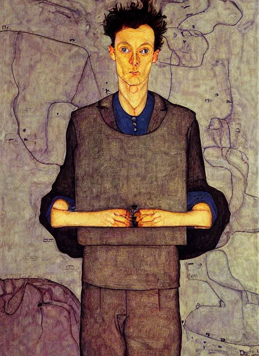 Prompt: creative coder with a computer, by egon schiele and quint buchholz, portrait, colorfull, detail