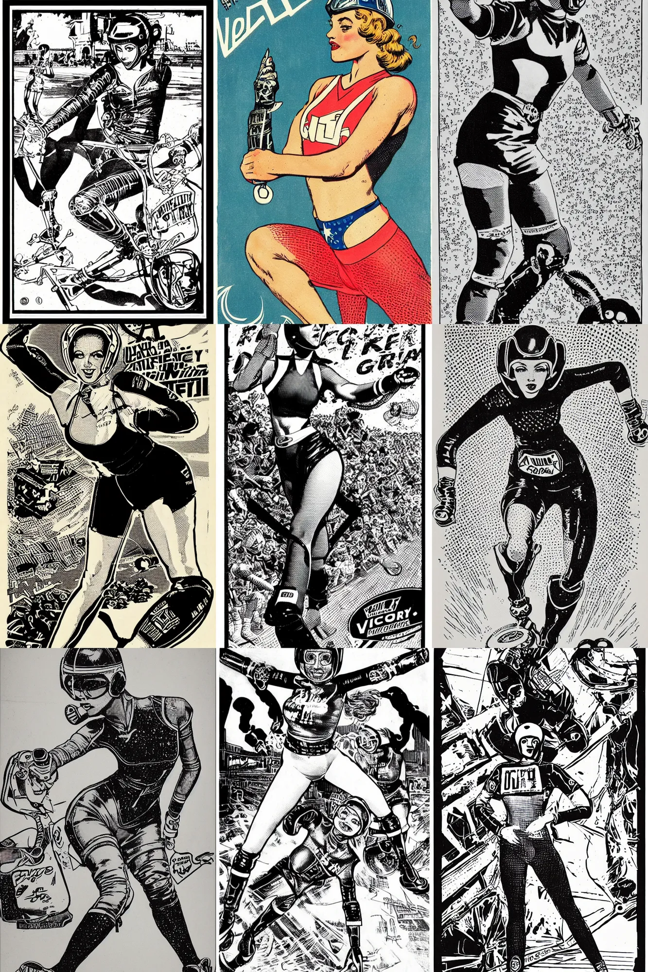 Prompt: roller derby girl portrait, logo, wearing helmet, wearing knee and elbow pads, showing victory, Virgil Finlay