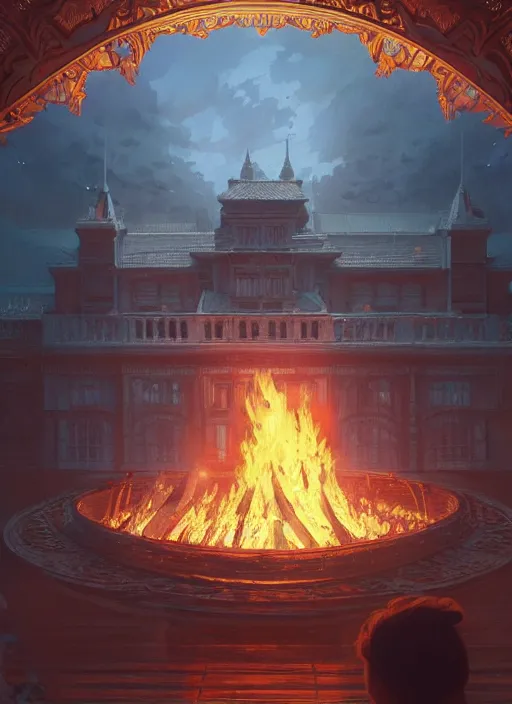 Image similar to highly detailed image of ferdinand marcos burning in malacanang palace, stephen bliss, unreal engine, fantasy art by greg rutkowski, loish, rhads, ferdinand knab, makoto shinkai and lois van baarle, ilya kuvshinov, rossdraws, tom bagshaw, alphonse mucha, global illumination, radiant light, detailed and intricate environment