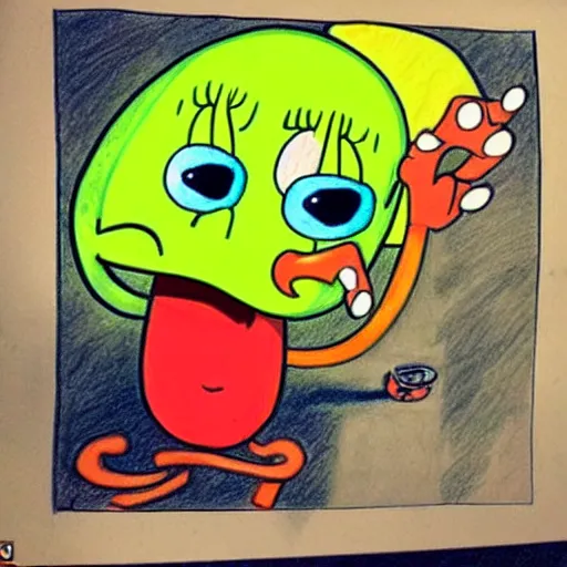 Prompt: colored child's drawing of mr krabs from spongebob smoking weed, insanely detailed