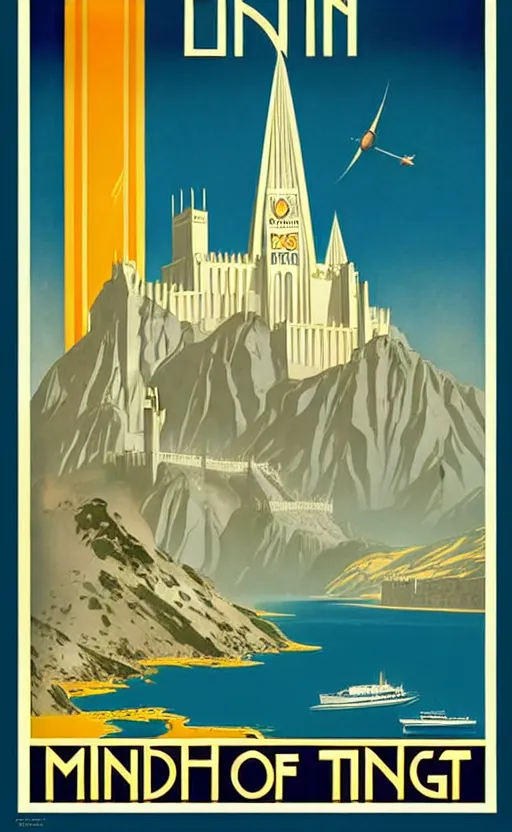 Image similar to art deco travel poster. visit minas tirith, lord of the rings