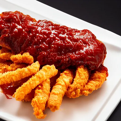 Image similar to 4 k uhd photo of a chicken strip covered in barbecue sauce, kfc product shot