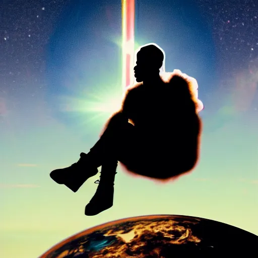 Image similar to Travis Scott sitting on a cloud over Earth, 4k, Aubrey Powell, vintage photo, lens flare, beautiful cinematography, surreal, film grain