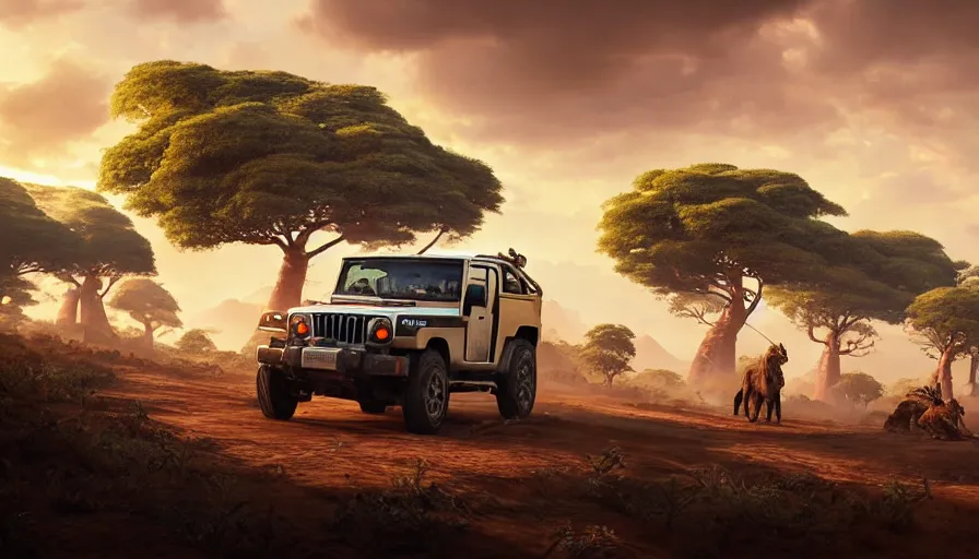 Image similar to mahindra thar driving through madagascar road with baobabs trees, animals running along, action scene, an epic fantasy, wide shot, artgerm, trending on artstation, masterpiece, by greg rutkowski, by ross tran, by fenghua zhong, octane, soft render, ultrarealistic, colorful, cinematic, horizon zero dawn