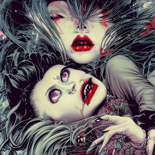 Image similar to closeup of vampire kiss, wax, by yoichi hatakenaka, masamune shirow, josan gonzales and dan mumford, ayami kojima, takato yamamoto, karol bak