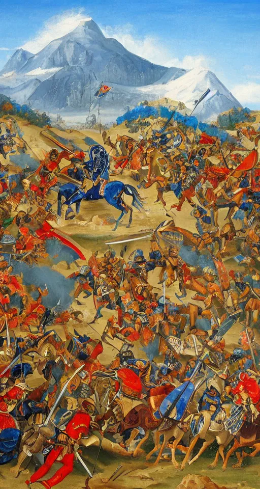 Image similar to colorful simple wideshot of a medieval battle in front of a beautiful large blue mountainscape, painting