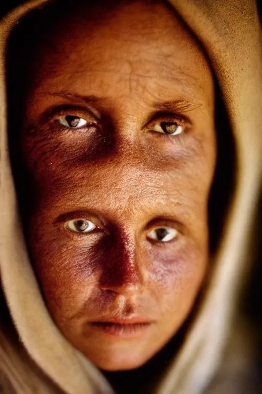Image similar to close up portrait photography of a white woman with bright eyes standing in desert at night, 35mm, film photo, steve mccurry