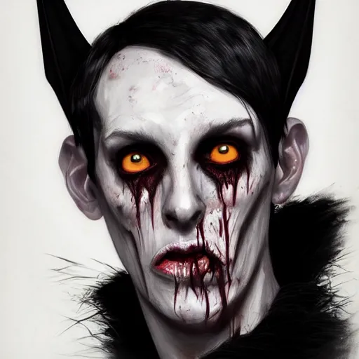 Prompt: color head portrait of young peter murphy as a zombie bat with huge black bat wings in the background, 7 days to die zombie, gritty background, fine art, award winning, intricate, elegant, sharp focus, cinematic lighting, digital painting, 8 k concept art, art by michael hussar, art by brom, art by guweiz and z. w. gu, 8 k