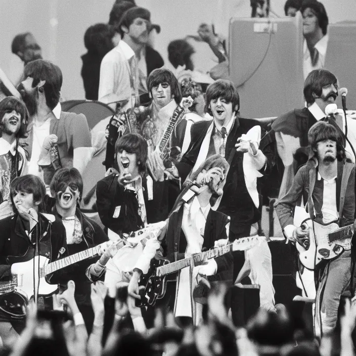 Image similar to The Beatles reunion at the Live Aid concert, 1985, concert photography, 4k