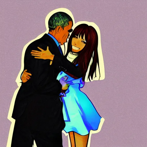 Prompt: a digital drawing of Barack Obama hugging his anime waifu, trending on Pixiv, set on afternoon